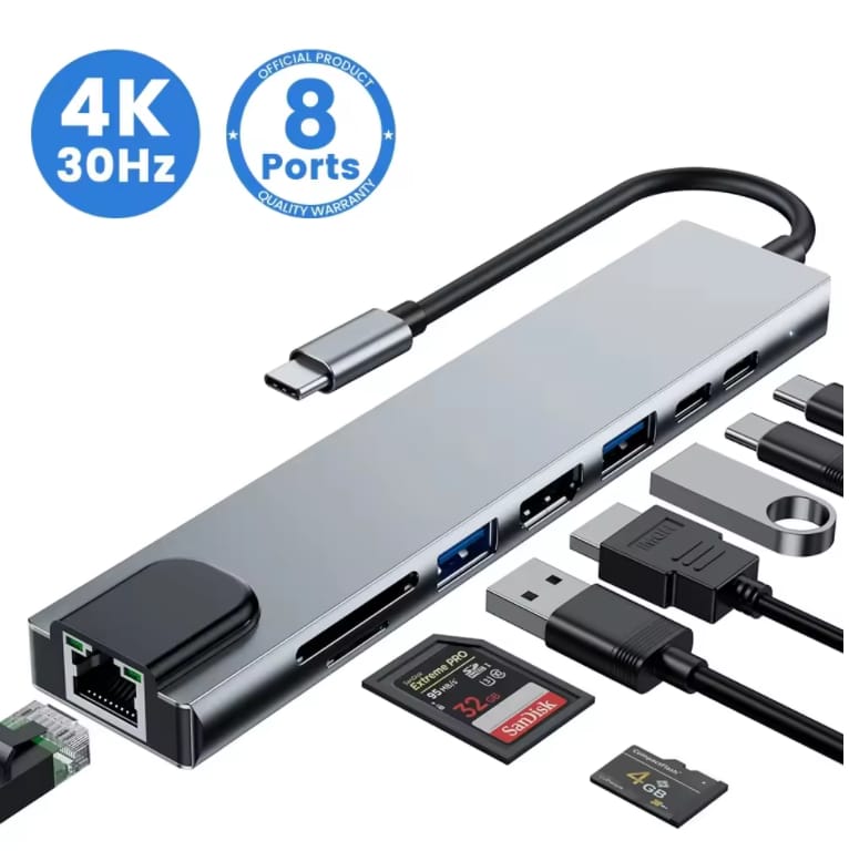 Hub USB-C 8 en 1 Efrica — Station d'Accueil Multiport HDMI 4K, USB 3.0, RJ45, Lecteur SD/TF & Charge PD 87W pour MacBook & PC