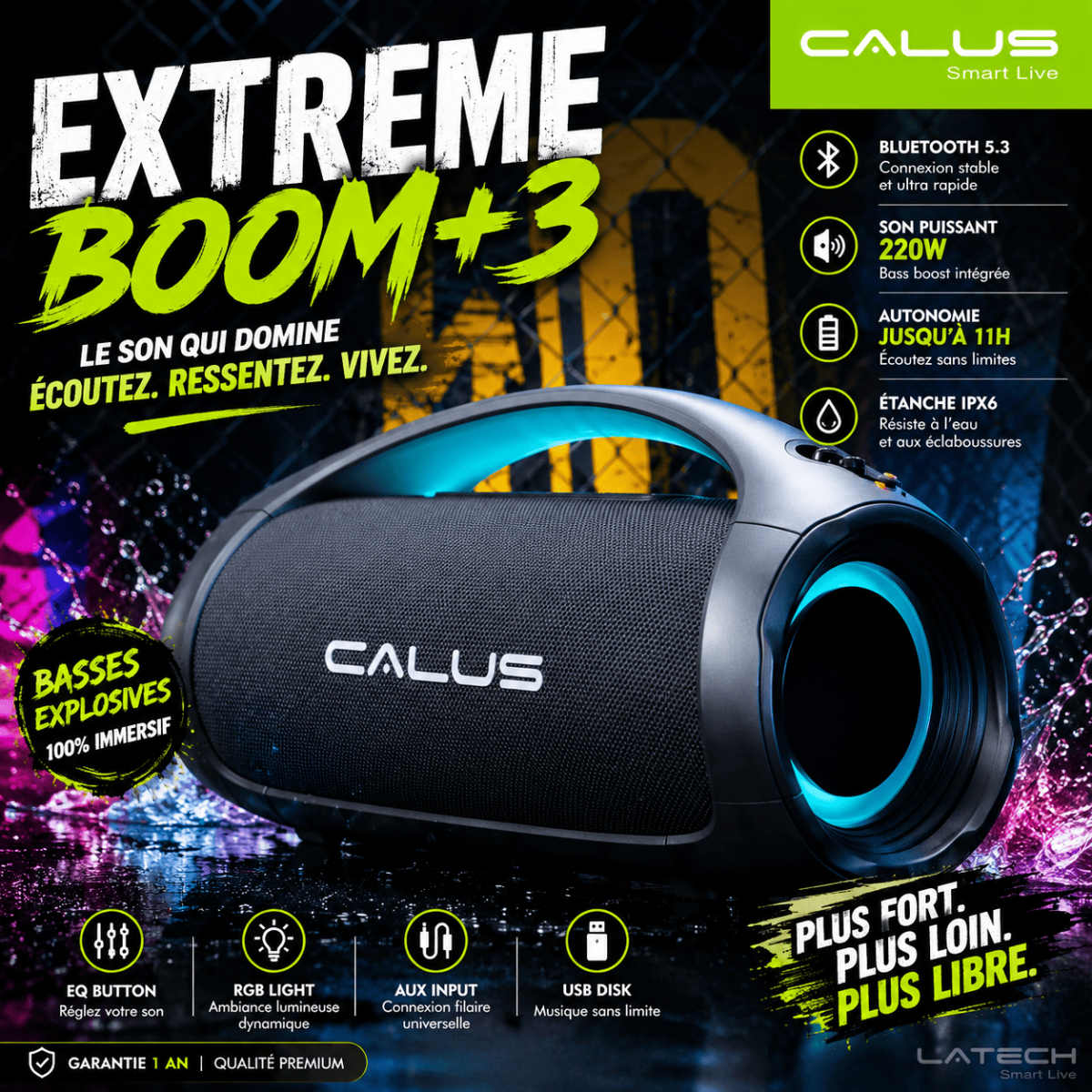 Enceinte Bluetooth Portable CALUS BOOM 3 Pro 40W – Son Puissant, Étanche IPX6, Batterie 5400mAh