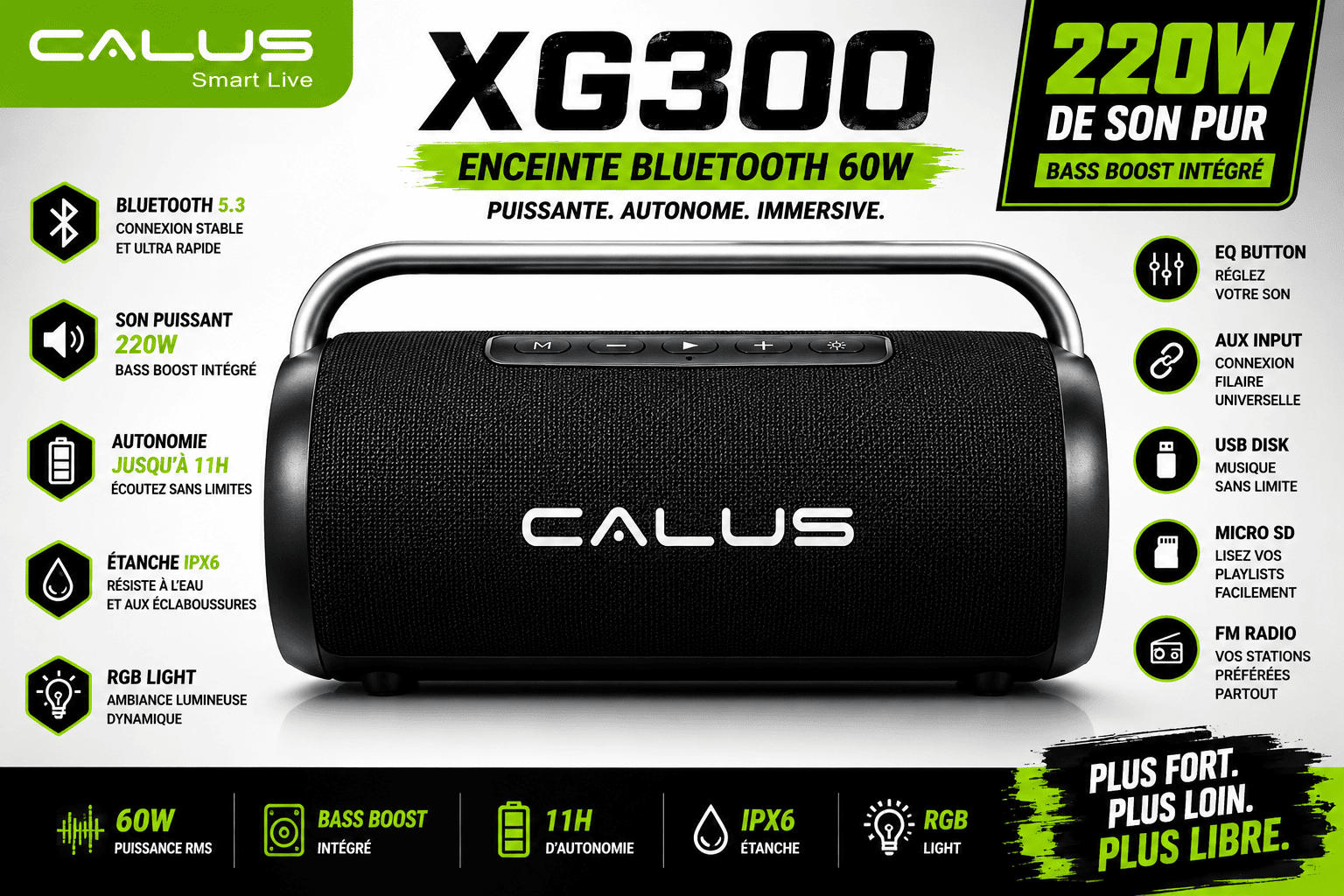 Enceinte Bluetooth Portable CALUS BOOM 3 Pro 40W – Son Puissant, Étanche IPX6, Batterie 5400mAh