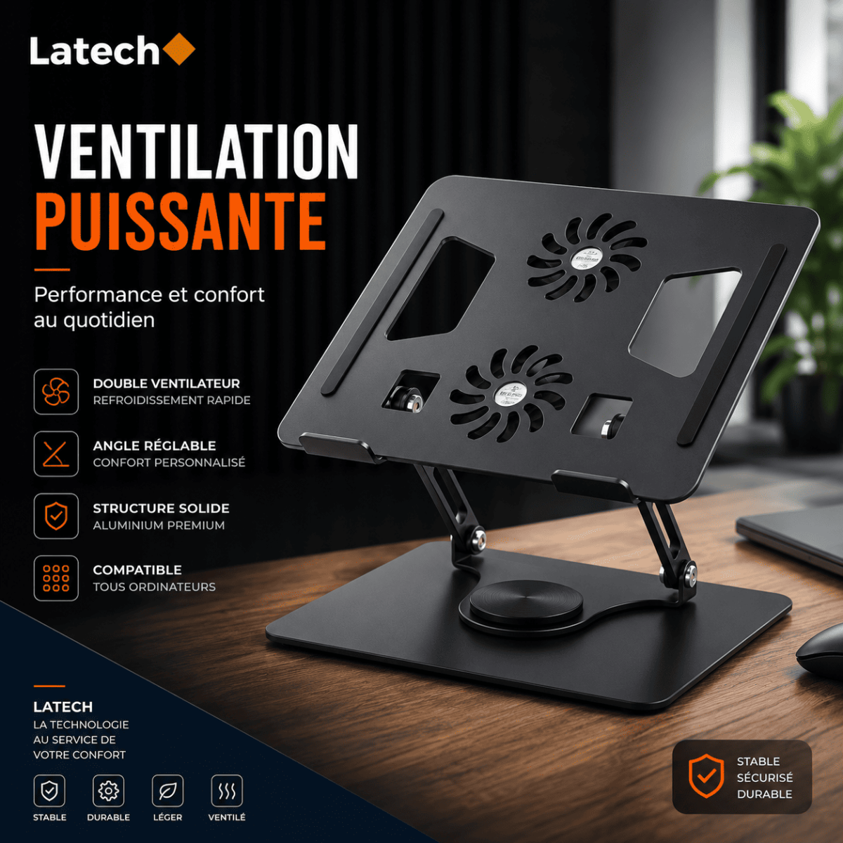 Support PC Portable Rotatif 360° avec Double Ventilateur – Réglable Multi-Angle, Base en Alliage d'Aluminium, Compatible 11"–17"