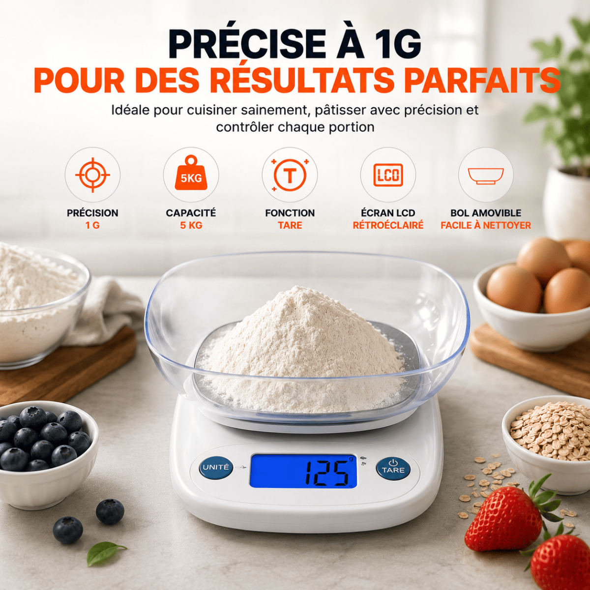Balance de Cuisine Électronique avec Bol — Pesée Précise 5 kg / Écran LCD
